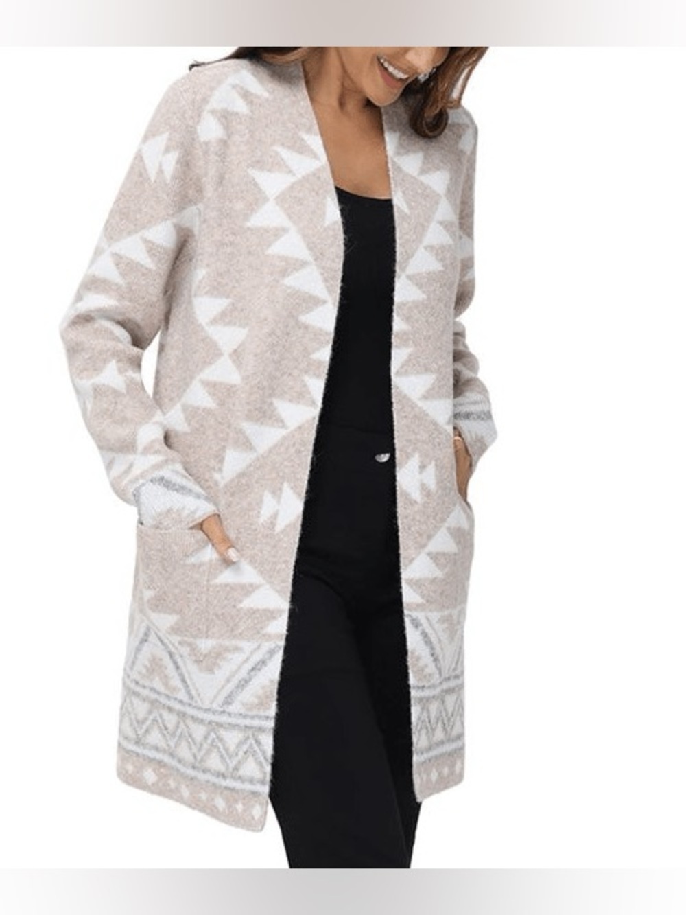Frye Beige and White Aztec Open-Front Cardigan